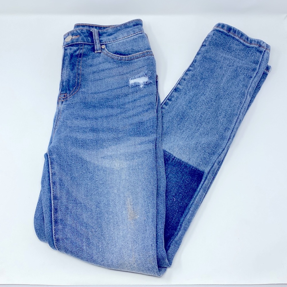 No Boundaries Light Wash Dark Denim Patch Straight Leg Jeans Size 1
